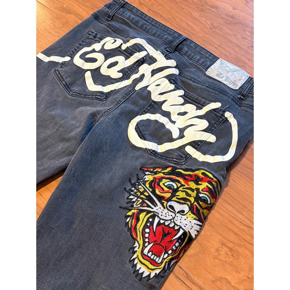 Ed Hardy Womens Tiger Embroidered Flare Jeans Faded Black Y2K Size 32